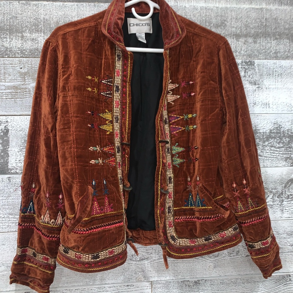 Chicos Brown Velour Southwestern Style Blazer Jacket Women’s Size 0